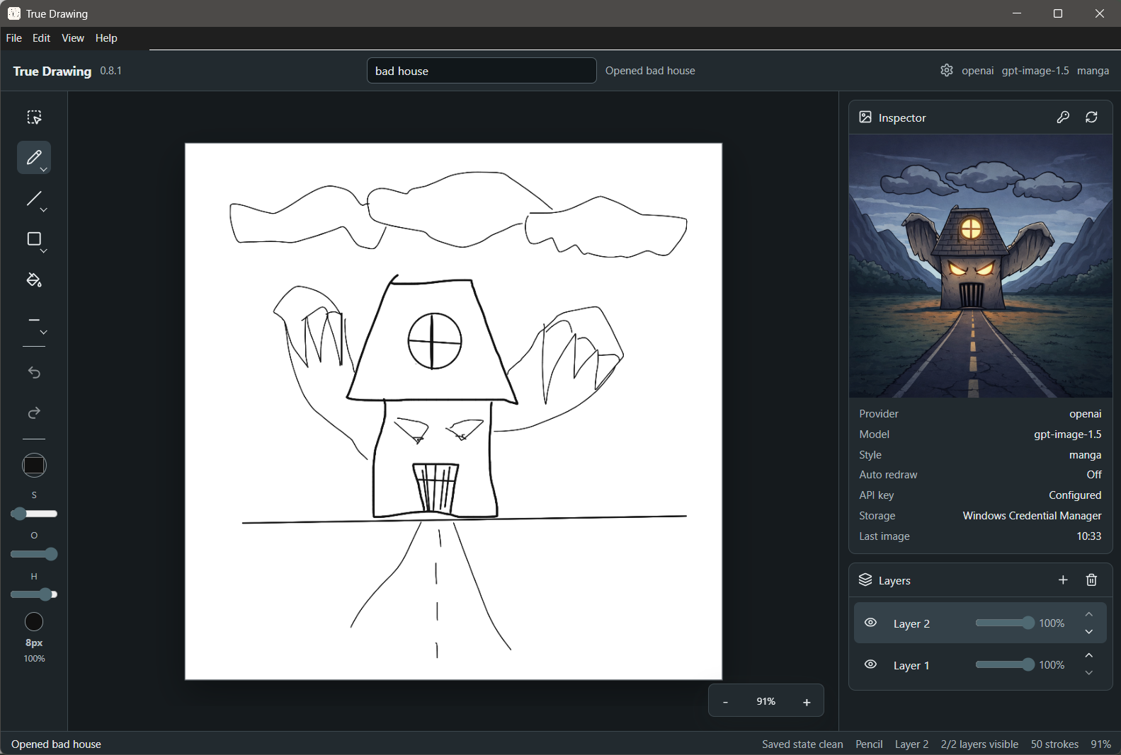 True Drawing interface with a sketch and generated image preview